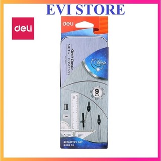 Bộ dụng cụ học sinh hộp sắt 9 món Deli 30695 / Bộ Eke compa G30695