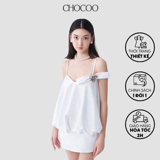 Đầm hai dây tùng bí thiết kế CHOCOO LUCIAN RUCHED DRESS phi lụa Pháp hoa pha lê cùng cánh nơ cao cấp