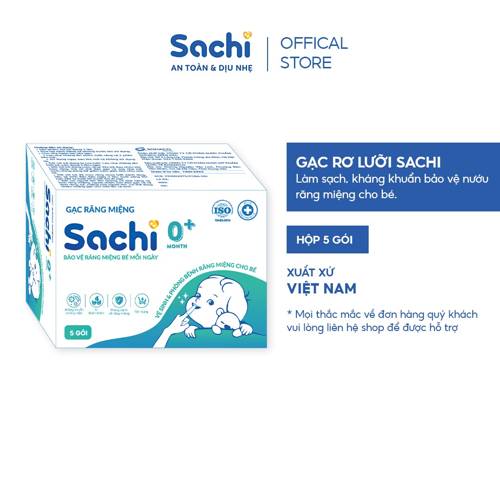 Gạc rơ lưỡi Sachi thành phần tự nhiên, làm sạch, phòng chống các bệnh về răng miệng cho bé - Hộp 5 gói