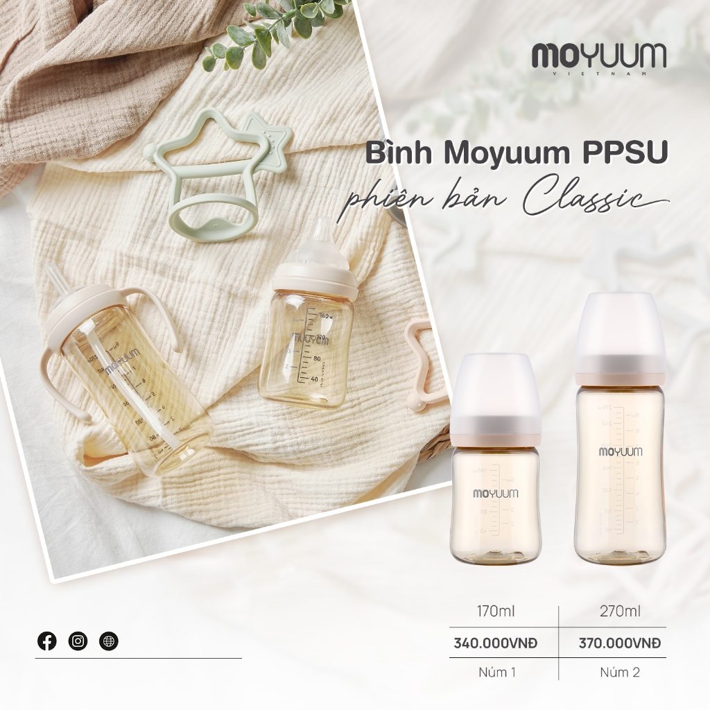 Bình sữa PPSU Moyuum All-in-one - Họa tiết Trơn - 170ml - Kèm núm số 1