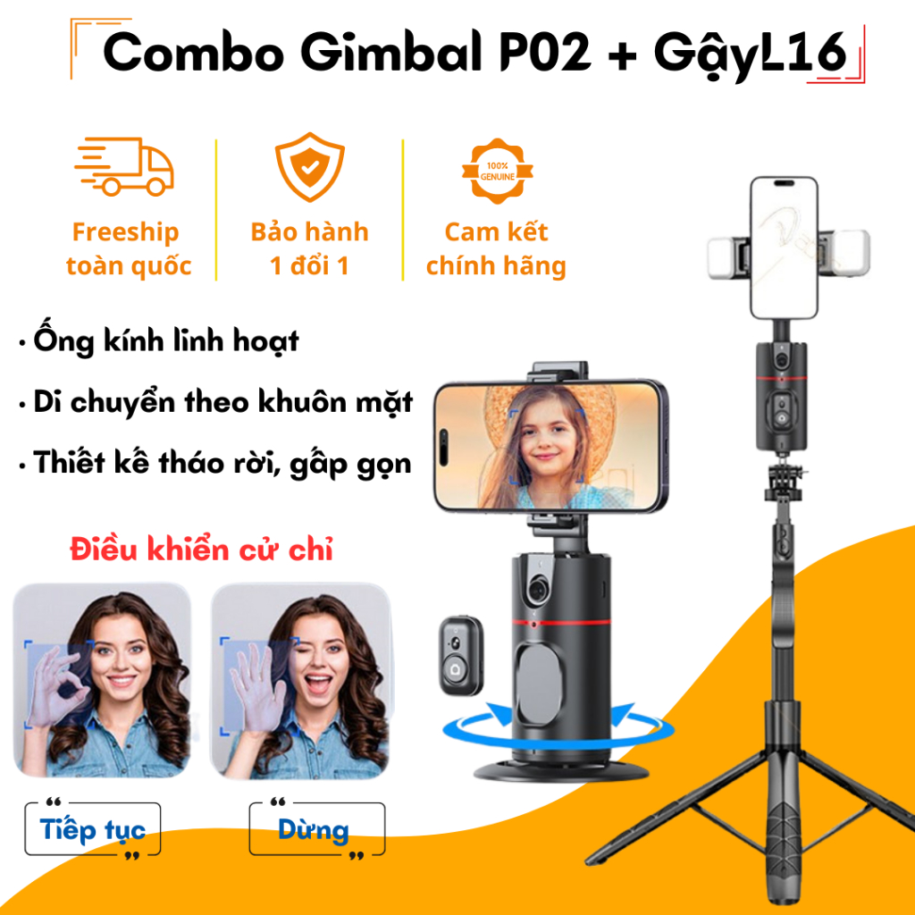 Gimbal AI thông minh có remote bluetooth P02 - Giá đỡ điện thoại quay video 360 độ điều khiển cử chỉ