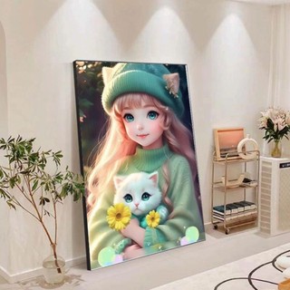 Tranh đơn treo tường dán tường bé mèo đáng yêu và cô gái dễ thương chữa lành healing yêu đời trang trí bàn học phòng ngủ