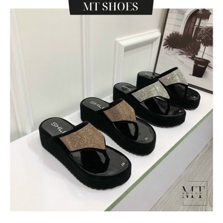 Dép đế xuồng nhung cao 5cm quai kẹp đính đá chữ mẫu Hot chất mềm nhẹ cực dễ đi Dép xuồng MT Shoes