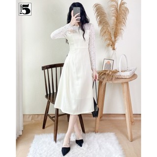 Đầm nữ Twentyfive dáng ôm dài vải dạ text phối ren vai đính hoa cài SD164