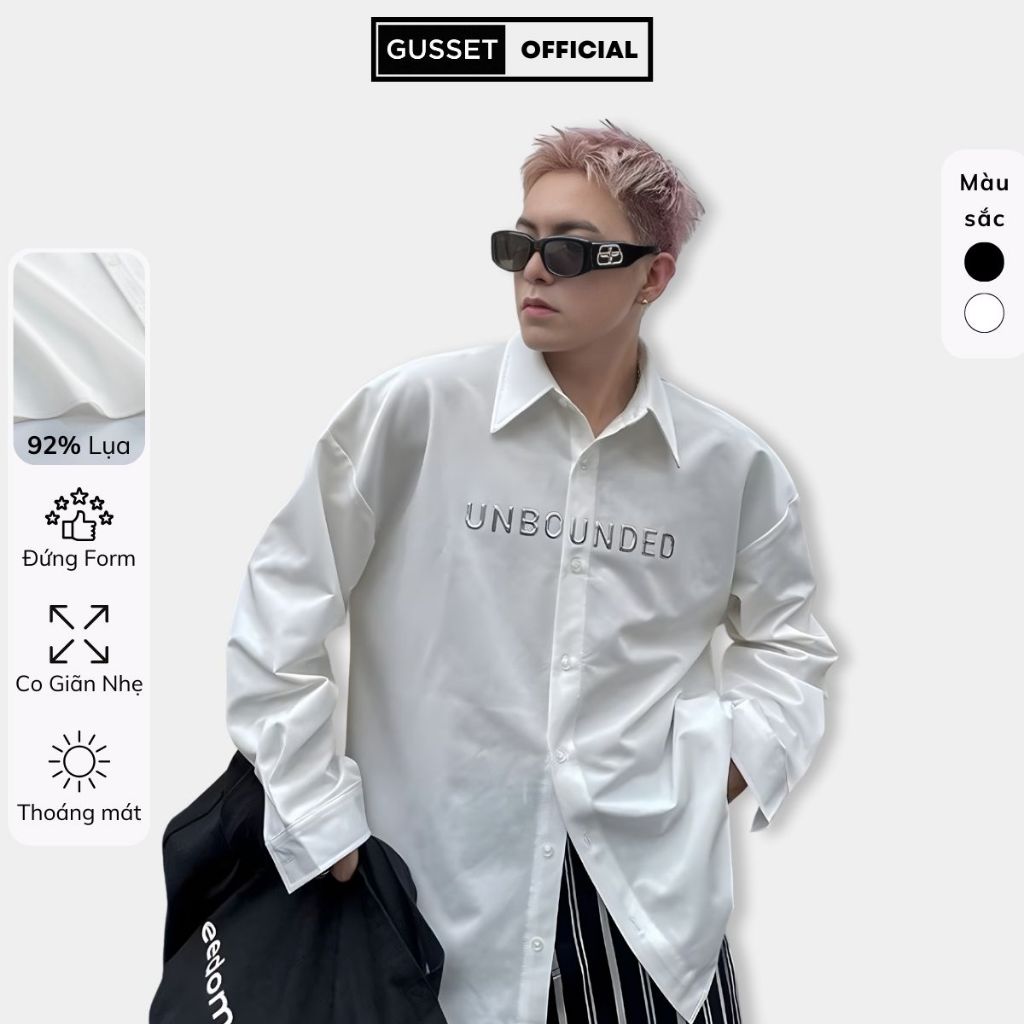Áo Sơ Mi Nam Thêu UNBOUNDED GUSSET Chính Hãng Chất Vải Lụa Chéo Cao Cấp Dày Dặn Chống Nhăn Streetstyle
