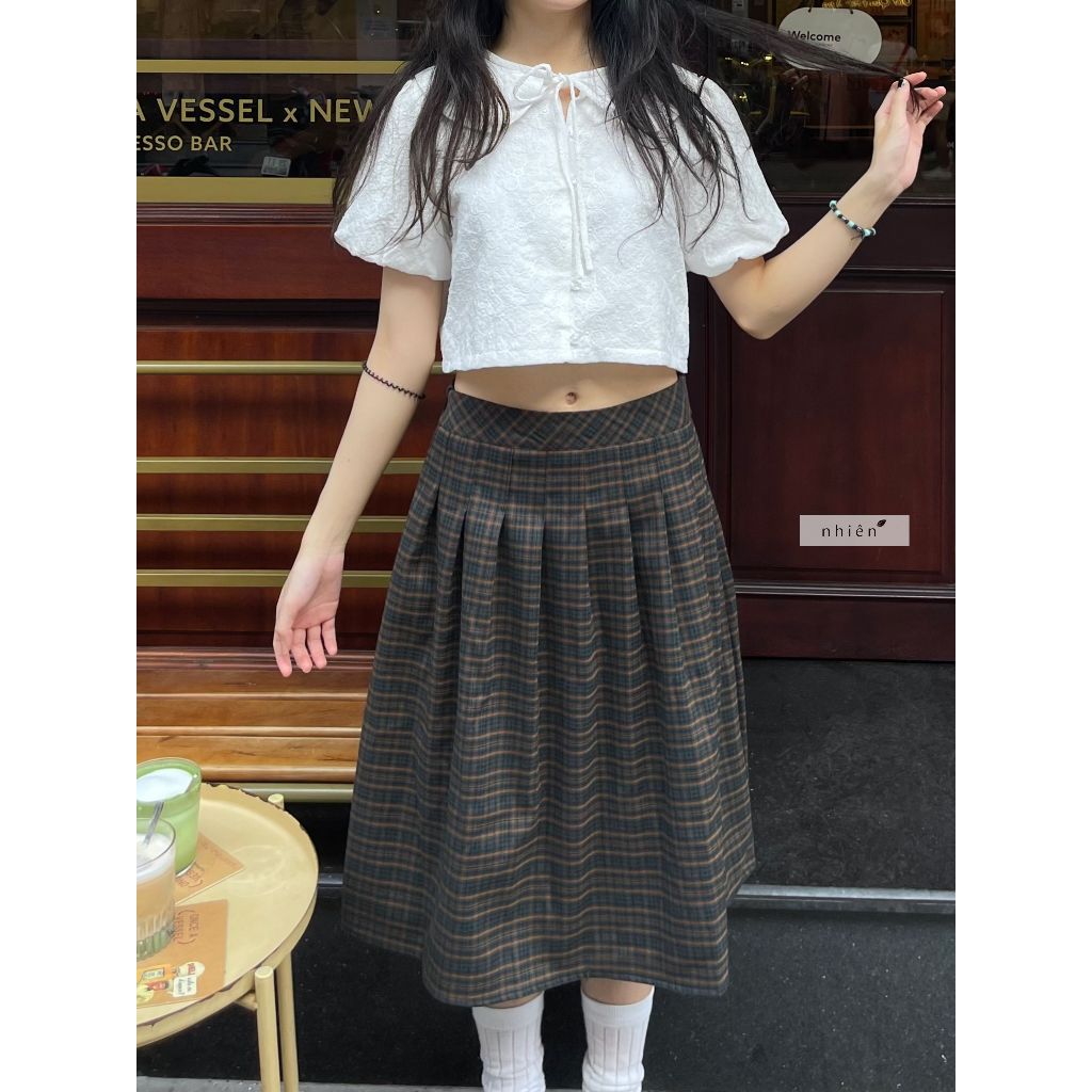 Chân váy caro nữ xếp ly dáng lửng nhiennhienvintage BV131