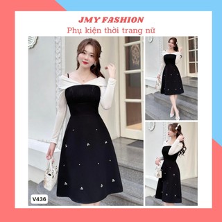 V436 Váy đen dự tiệc phối tay dài thanh lịch váy tiểu thư đính đá sang trọng, nữ tính