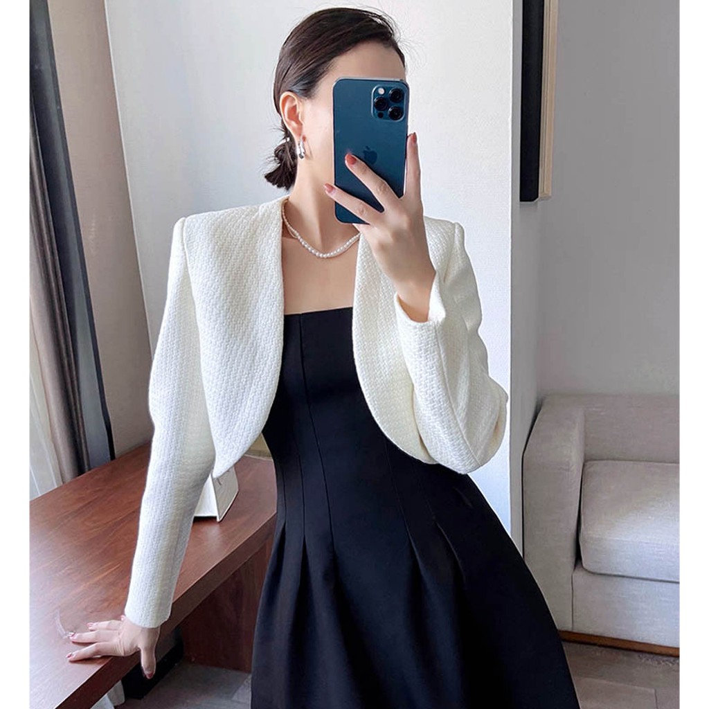Áo khoác dạ Tweed Áo vest nữ dáng ngắn Oni Clothes thanh lịch, có đệm vai, vải tweed 2 lớp dày dặn màu trắng kem dễ phối | BigBuy360 - bigbuy360.vn