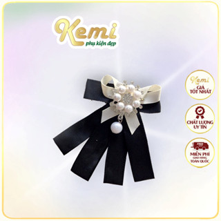 Nơ cài áo tâm tag cài hoa ngọc phối ruy băng 2 màu sành điệu có ghim cài