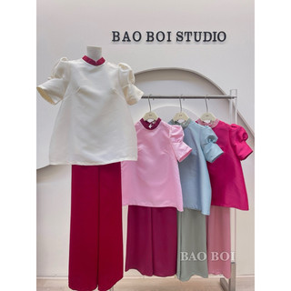 Set tacta áo cổ tàu tay bồng nhún - bao boi
