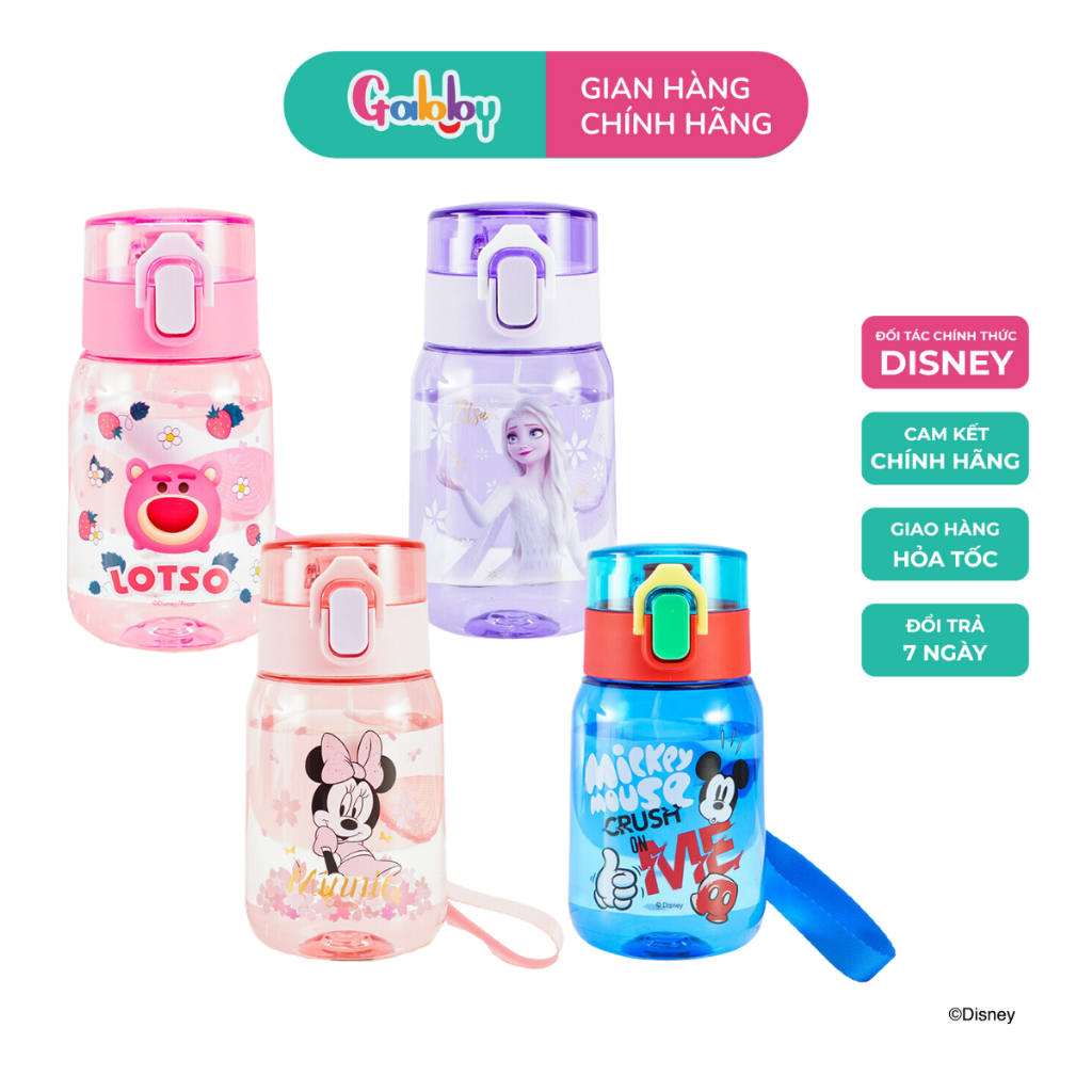 Bình Nước Nhựa Oasis Park Dung Tích 400ml Nhỏ Gọn Có Quai Xách Nhân Vật Disney Elsa, Mickey, Minnie, Lotso