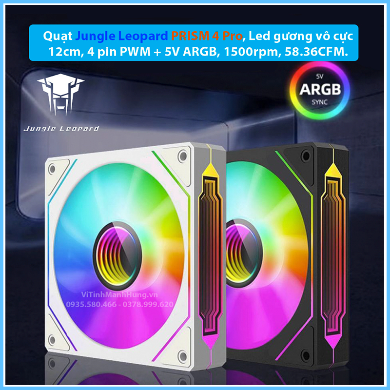 Quạt Jungle Leopard PRISM 4 Pro, Led gương vô cực, 12cm, 4 pin PWM + 5V ARGB, 1500rpm, 58.36CFM.