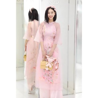 Áo dài hồng tay lỡ hoa đào uyên ương cao cấp