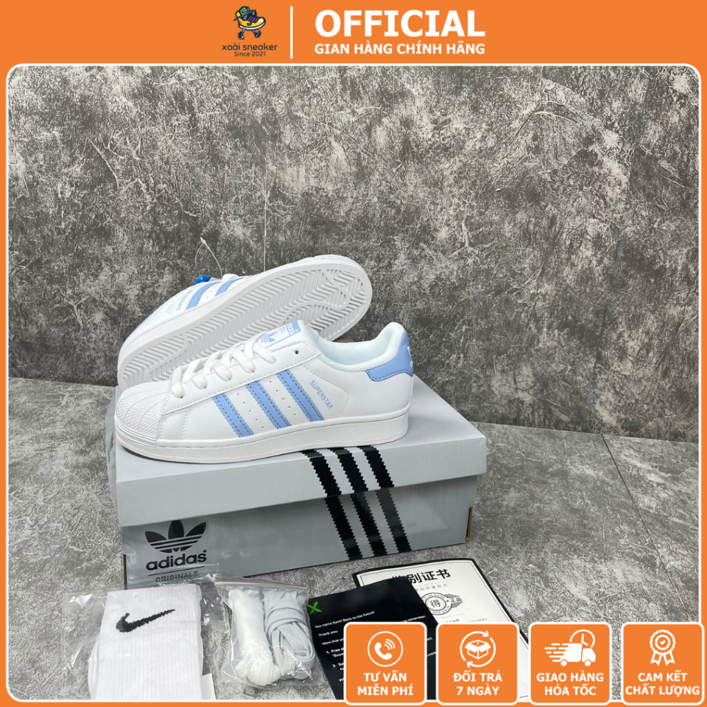 [ Xoài sneaker ] Giày Thể Thao  Adidas_Superstar 'Cloud White Ambient Sky',Sò Trắng Sọc Xanh Blue