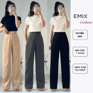 Quần công sở nữ ống suông lưng cao EMIX khóa trước chất tuyết mưa Quan09/P0K1+2