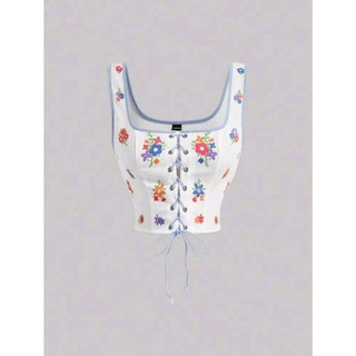 Niny top bottom - áo croptop thắt dây họa tiết hoa và quần jeans dài hàn quốc dễ thương