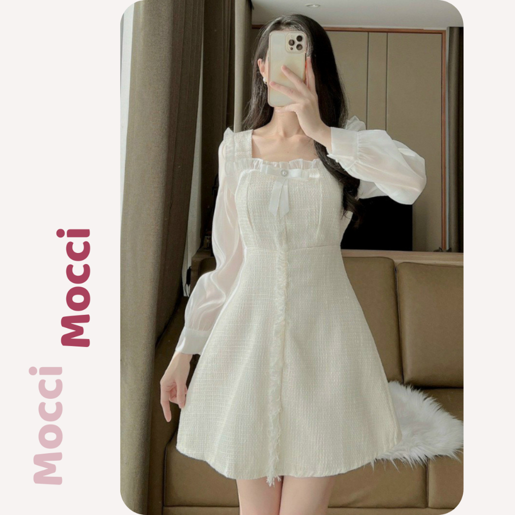 Váy dạ tweed dáng ngắn, đầm cổ bèo tay phối tơ màu be thiết kế sang chảnh, tiểu thư đi tiệc, đi chơi