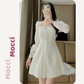 Váy dạ tweed dáng ngắn, đầm cổ bèo tay phối tơ màu be thiết kế sang chảnh, tiểu thư đi tiệc, đi chơi