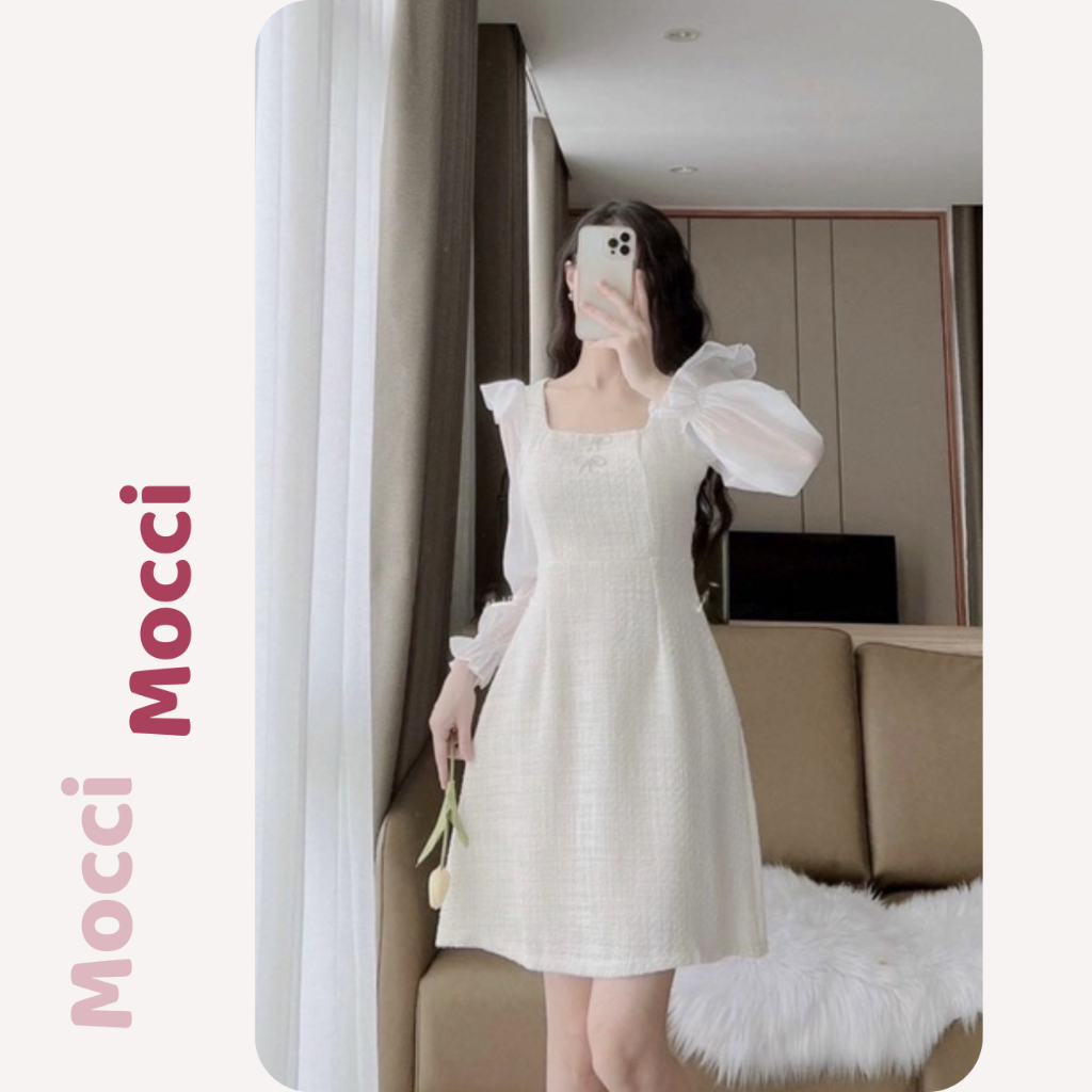 Váy dạ tweed cổ vuông đính nơ sang chảnh, đầm dạ tweed đi làm đi chơi MV006