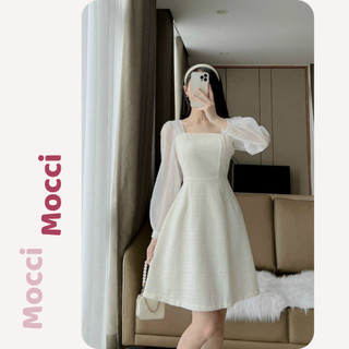 Váy dạ tweed cổ vuông màu be dáng ngắn, đầm dạ tweed dáng xòe tiểu thư, thanh lịch thích hợp đi làm, đi chơi