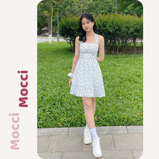 Váy hoa nhí đi biển dáng ngắn, đầm hai dây cổ yếm buộc nơ hở lưng sexy