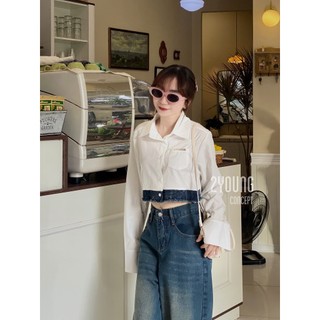 Áo sơ mi tay dài trắng mix denim A2231-2