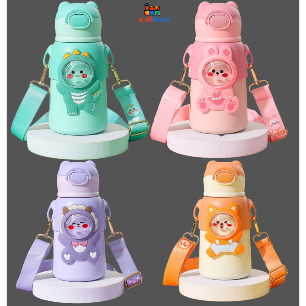 Bình Nước Giữ Nhiệt 520ml Inox 316, Bình Nhựa, Hoạ tiết Hình Gấu, Bình Đựng Nước Bé Trai, Bé Gái có Dâ
