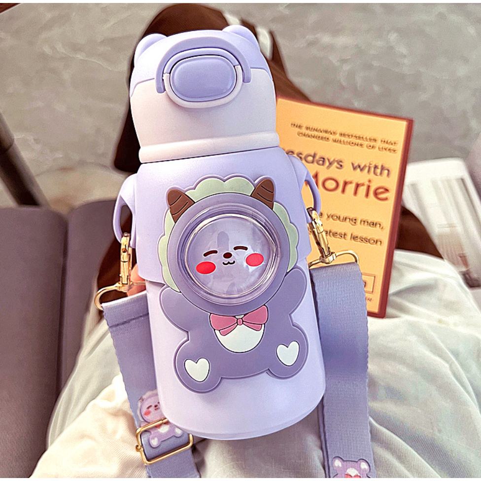 Bình Nước Giữ Nhiệt 520ml Inox 316, Bình Nhựa, Hoạ tiết Hình Gấu, Bình Đựng Nước Bé Trai, Bé Gái có Dâ