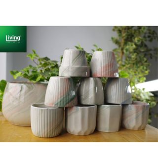 Chậu trồng sen đá, xương rồng, tiểu cảnh sứ Bát Tràng hình vân đá, kích thước 8x7cm.