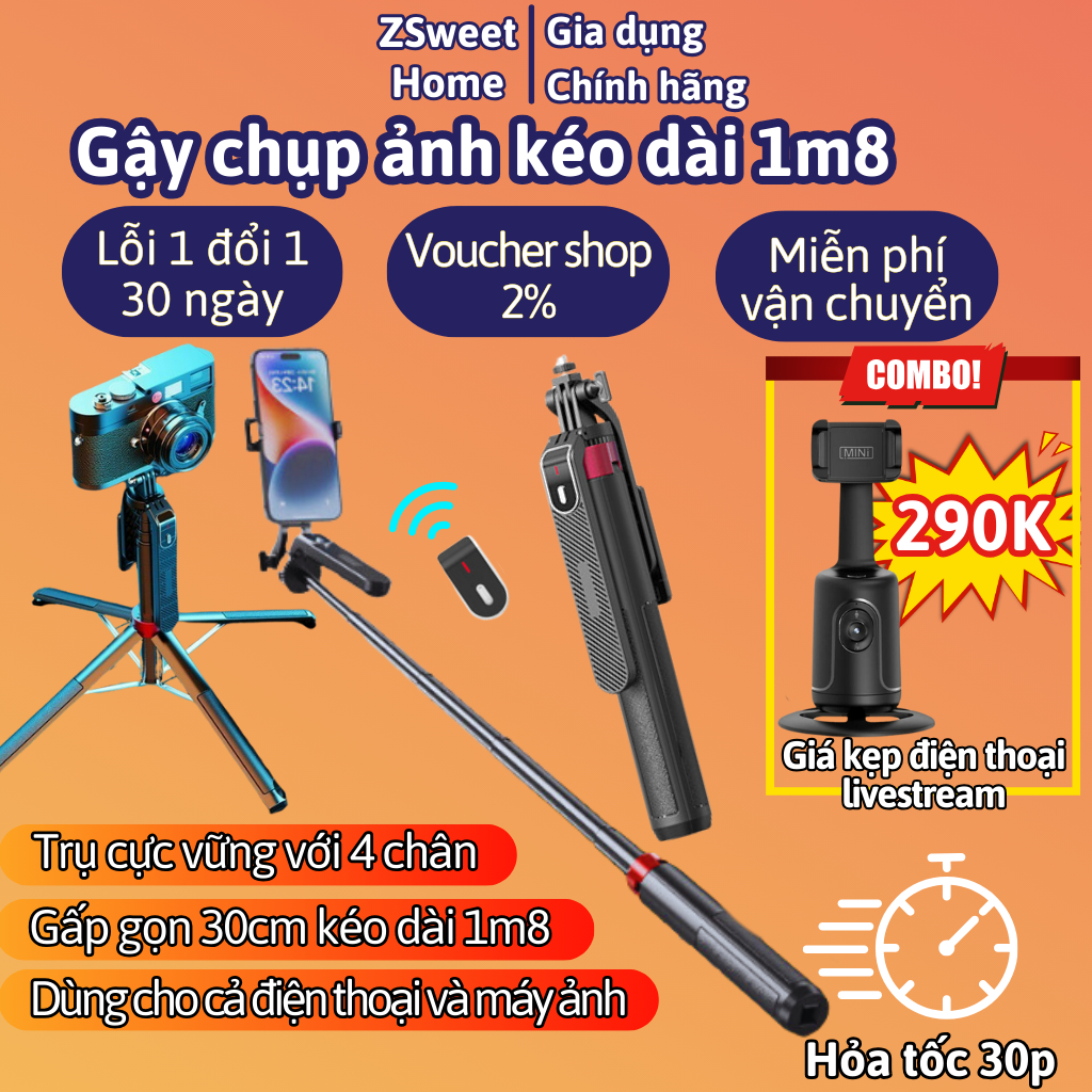 Gậy chụp ảnh, gậy tự sướng P185 titan 4 chân kéo dài 1m8 tương thích cả điện thoại và máy ảnh, cây livestream quay 360
