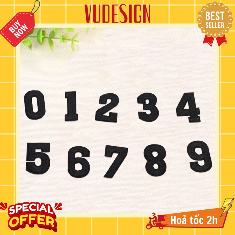 Sticker Vải, Sticker Ủi Thêu Quần Áo, Balo, Túi, Mũ Chữ Số Màu Đen 0-9 Number Vudesign