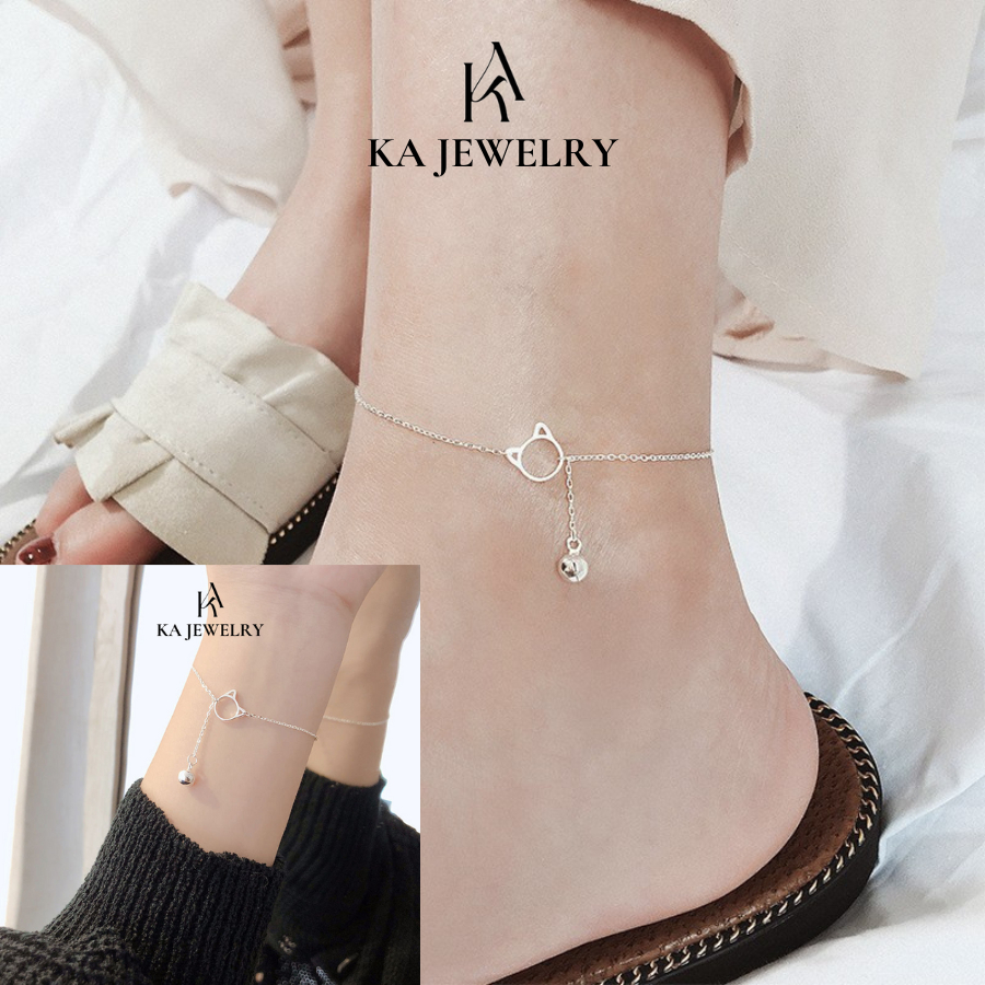 Bộ lắc chân, lắc tay nữ mèo bạc 925, vòng chân bạc nữ hình mèo xinh xắn có chuông dễ thương TienJewelry