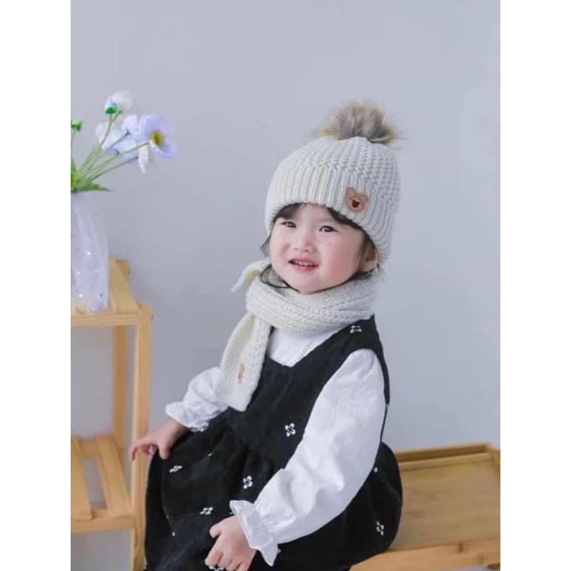Set 2 món mũ khăn len gấu cho bé siêu xinh [Có sẵn]