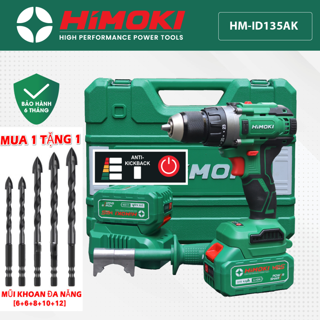 🍀HỎA TỐC🍀Máy Khoan Pin HIMOKI HM-ID135AK Không Chổi Than siêu khỏe - Có Bật Tắt Anti-Kick Back - Lực Siết 135NM