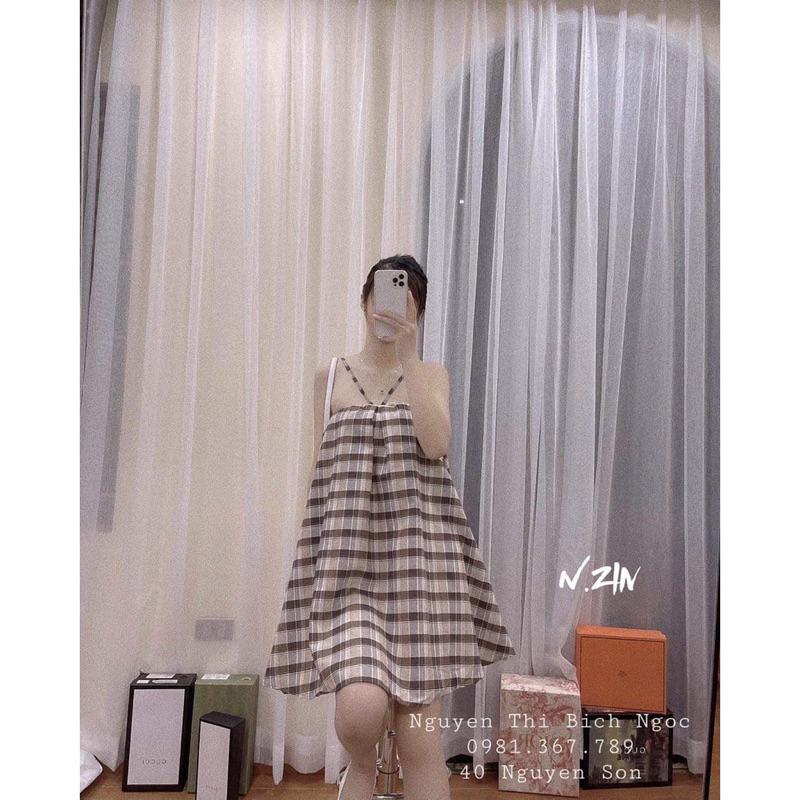 Đầm 2 Dây Nữ Kẻ Caro Đan Dây Hở Lưng Dáng Xòe