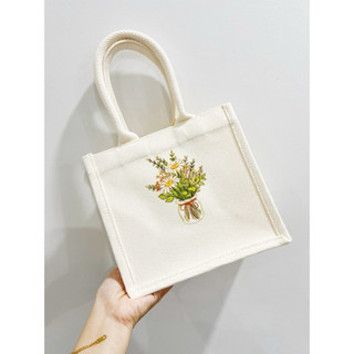 Túi Đay/ Túi Cói Trắng in hoa dễ thương/ Túi Vải Canvas Đeo Chéo Bơ