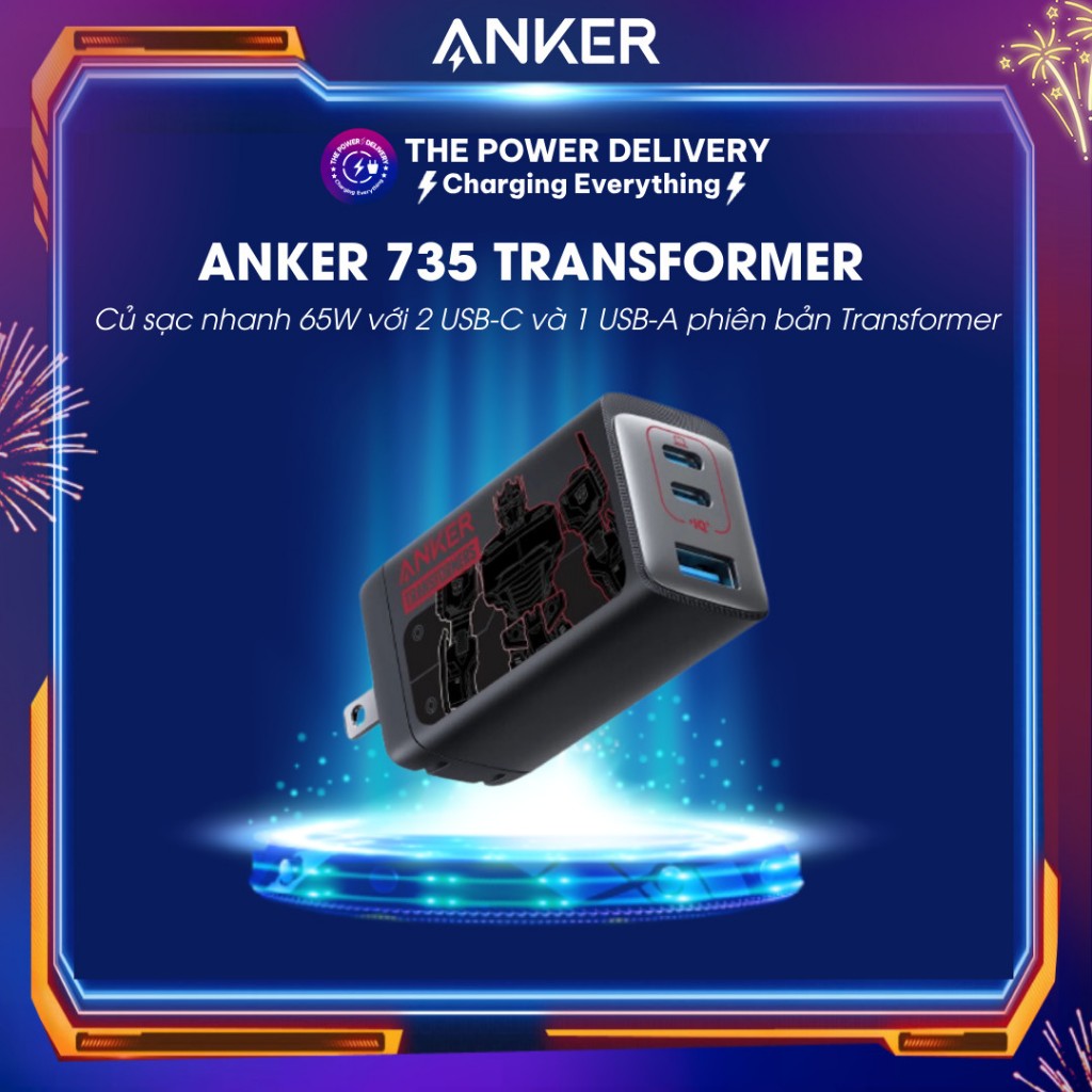 Củ sạc nhanh Anker 735 GaNPrime 65W A2668 2C 1A phiên bản Transformer, chia điện thông minh, hỗ trợ 