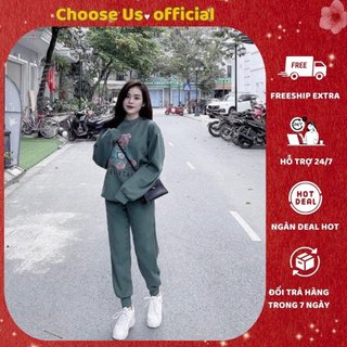 Bộ nỉ nữ thu đông hình in con gấu chất vải nỉ bông, Set đồ nữ thu đông ấm ấp phong cách Hàn Quốc CS025