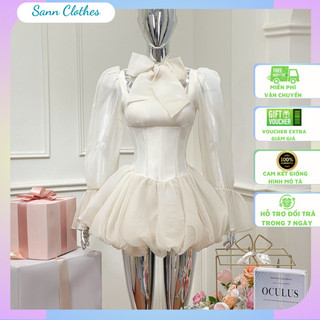 Váy xoè bồng dáng ngắn chiết eo tay dài ống loe cổ buộc nơ màu đỏ, kem, đen 𝐋𝐈𝐓𝐈𝐘𝐀 𝐃𝐑𝐄𝐒𝐒 - 𝐀𝐒𝐇𝐘𝐋𝐄𝐘️