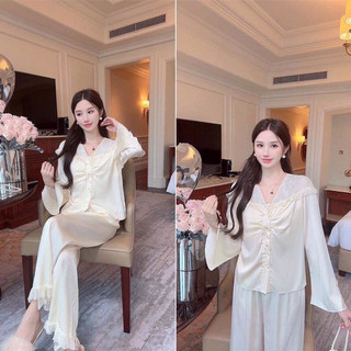 ♥️hàng qc♥️pijama tay dài qd xếp ly ngực lyly tím/kem _thanhhien997_lụa trơn mền mịn mát a45818.
