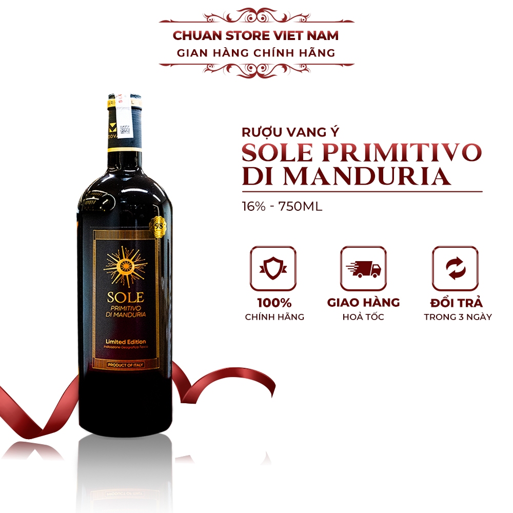 Rượu vang đỏ Ý Sole Primitivo Di Manduria IGT 16% chai 750ml nhập khẩu chính hãng