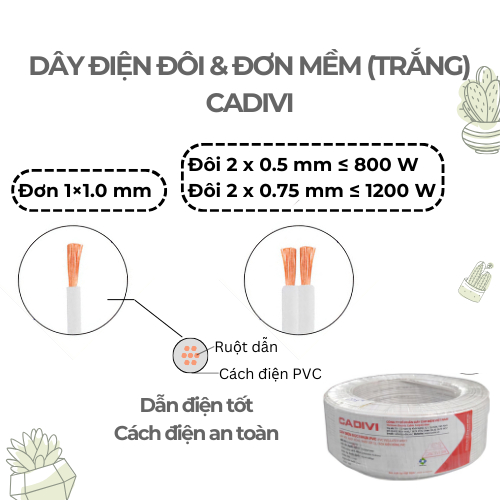 [Bán lẻ theo 1 mét] Dây điện đôi, đơn mềm VCMD CADIVI (Màu trắng) / 2x0.5 - 2x0.75 (mm)