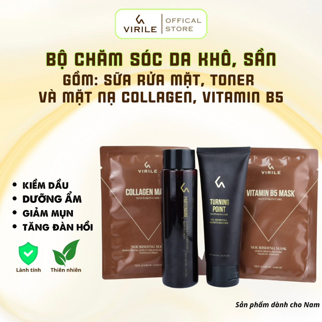 Combo Chăm Sóc Da Khô, Sần Dành Cho Nam Giới Virile: Sữa Rửa Mặt + Toner + Mặt Nạ Dưỡng Da Vitamin B5, Collagen