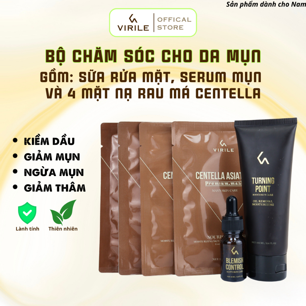 Bộ chăm sóc hỗ trợ da mụn Virile gồm Sữa rửa mặt, Serum giảm mụn và 4 mặt nạ hỗ trợ giảm mụn