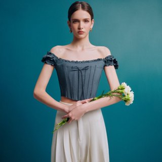 MAVEN - Áo croptop corset xanh trễ vai rút dây lưng Sharon Blue Top