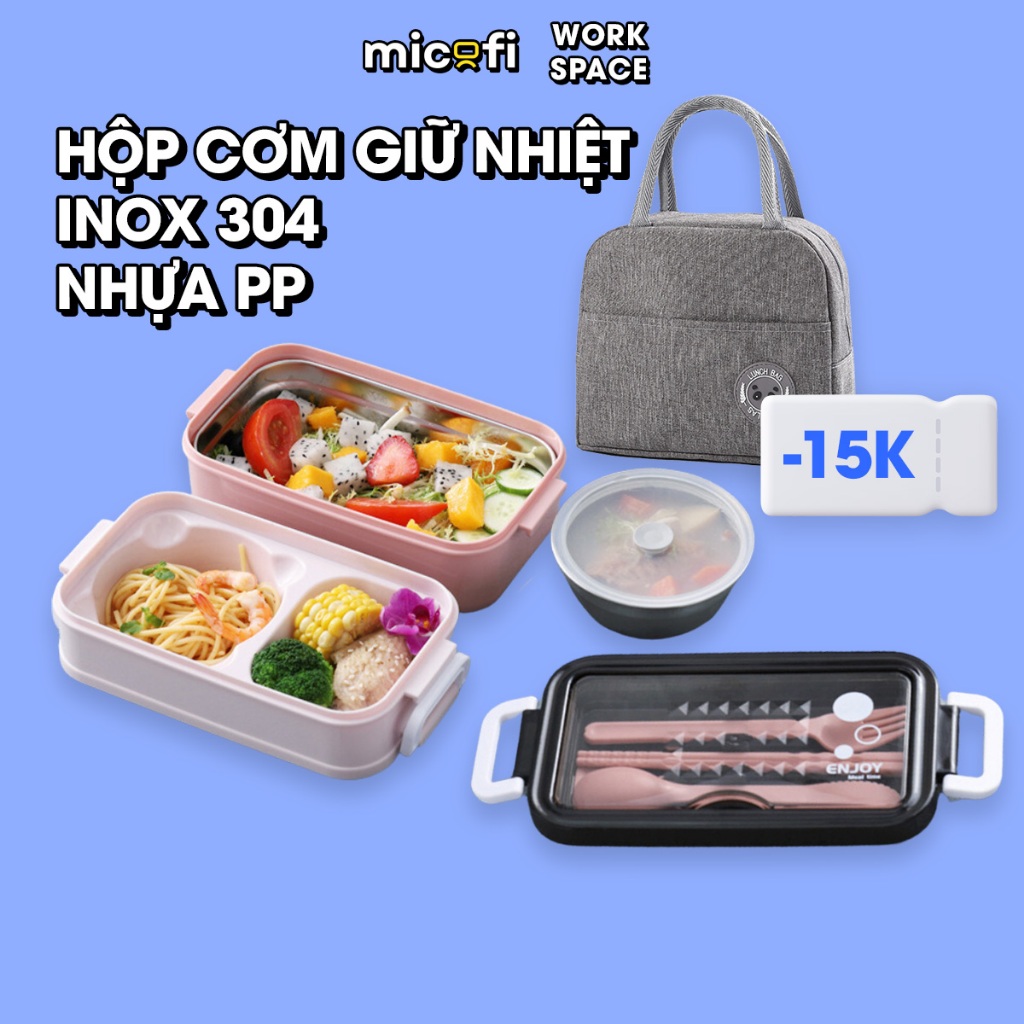 Hộp Cơm Giữ Nhiệt Micofi Văn Phòng Túi Đựng Đồ Ăn, Cà Mên Inox 304, Thép Không Gỉ, 2 Tầng Tặng Kèm Muỗng Đũa Thìa