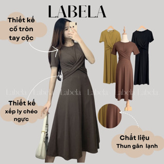 Đầm Xoắn Eo Nữ Tay Ngắn Labela, Váy Cổ Tròn Thắt Eo Chất Thun Gân Co Giãn 162