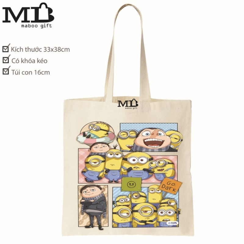 Túi vải Tote/canvas hoạt hình Minion dễ thương_Màu Be/Đen vải đẹp _ANM