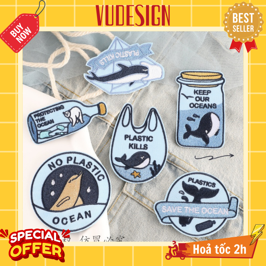 Sticker Dán Vải, Sticker Ủi Thêu Quần Áo, Balo, Túi, Mũ Bảo Vệ Đại Dương No Plastic Save Ocean Cá Voi Vudesign