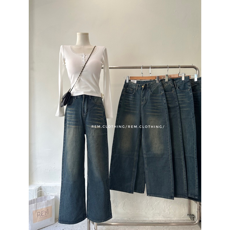 (ẢNH THẬT) Q2410 Quần jean suông xanh đậm wax rêu REM.CLOTHING